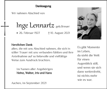 Traueranzeige von Inge Lennartz von Zeitung am Sonntag