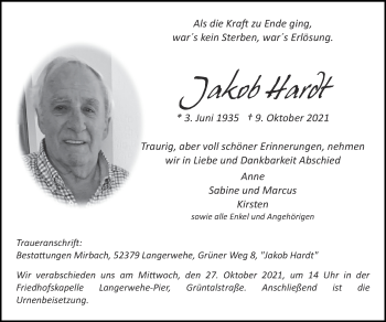 Traueranzeige von Jakob Hardt von Zeitung am Sonntag
