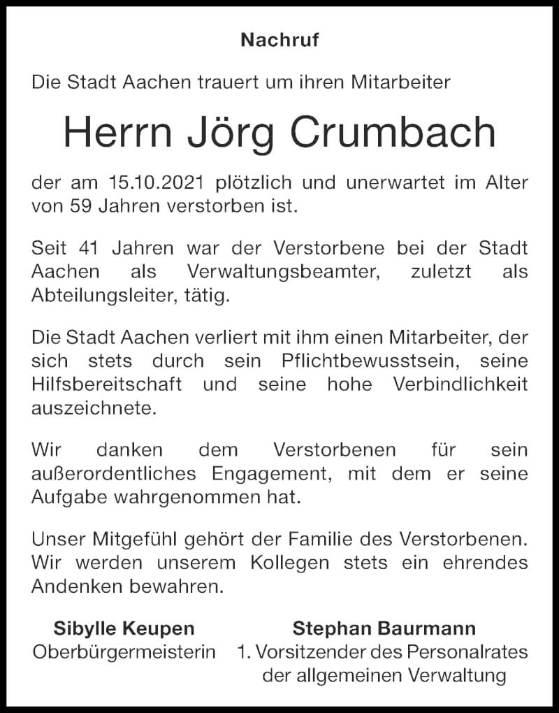  Traueranzeige für Jörg Crumbach vom 30.10.2021 aus Aachener Zeitung / Aachener Nachrichten