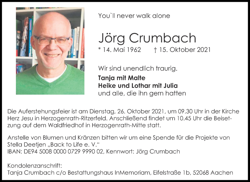  Traueranzeige für Jörg Crumbach vom 23.10.2021 aus Aachener Zeitung / Aachener Nachrichten