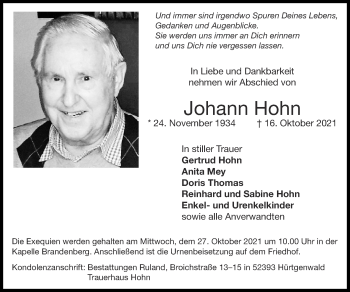 Traueranzeige von Johann Hohn von Zeitung am Sonntag