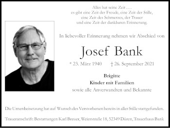 Traueranzeige von Josef Bank von Zeitung am Sonntag