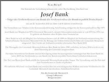 Traueranzeige von Josef Bank von Zeitung am Sonntag