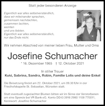 Traueranzeige von Josefine Schumacher von Zeitung am Sonntag