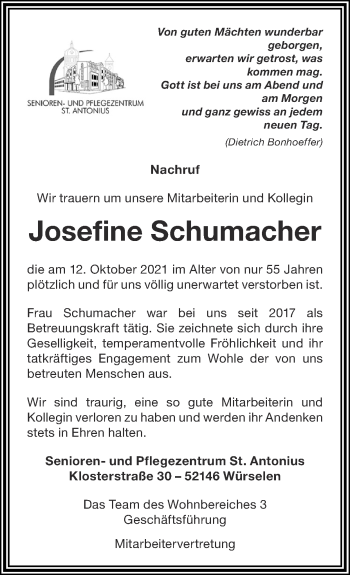 Traueranzeige von Josefine Schumacher von Zeitung am Sonntag
