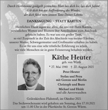 Traueranzeige von Käthe Heuter von Aachener Zeitung / Aachener Nachrichten