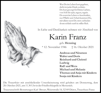 Traueranzeige von Karin Franz von Zeitung am Sonntag