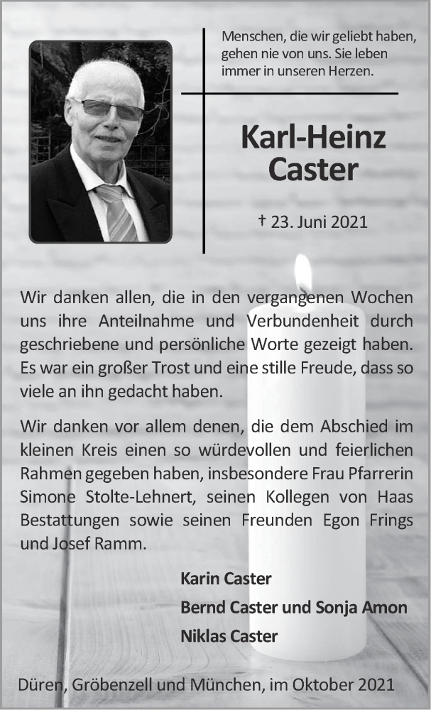  Traueranzeige für Karl-Heinz Caster vom 24.10.2021 aus Zeitung am Sonntag