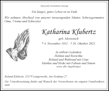 Traueranzeige von Katharina Klubertz von Zeitung am Sonntag