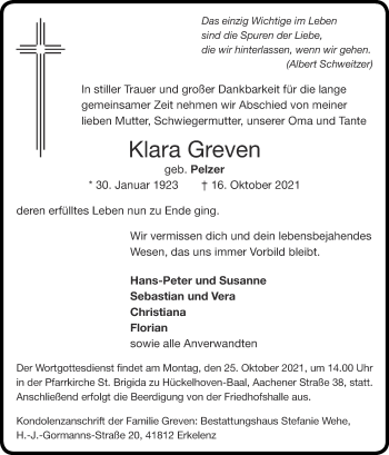 Traueranzeige von Klara Greven von Zeitung am Sonntag