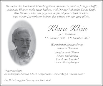Traueranzeige von Klara Klein von Zeitung am Sonntag