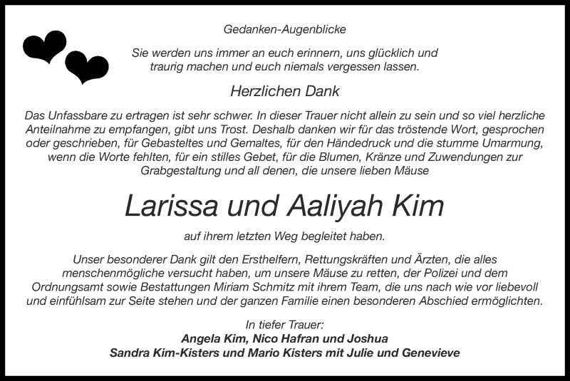  Traueranzeige für Larissa & Aaliyah  Kim vom 10.10.2021 aus Zeitung am Sonntag