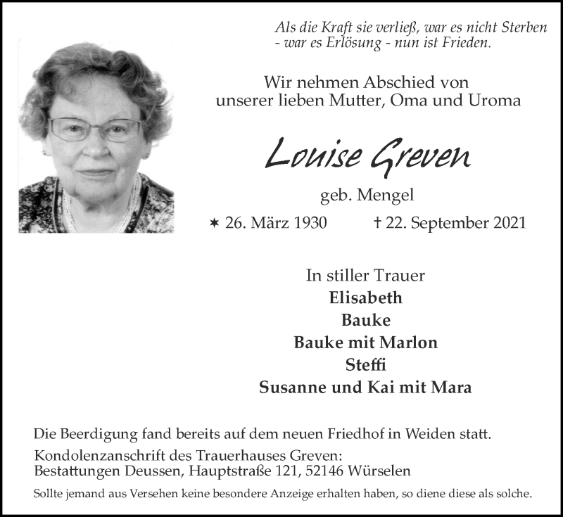 Traueranzeigen von Louise Greven | Aachen gedenkt