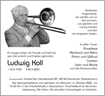 Traueranzeige von Ludwig Koll von Zeitung am Sonntag