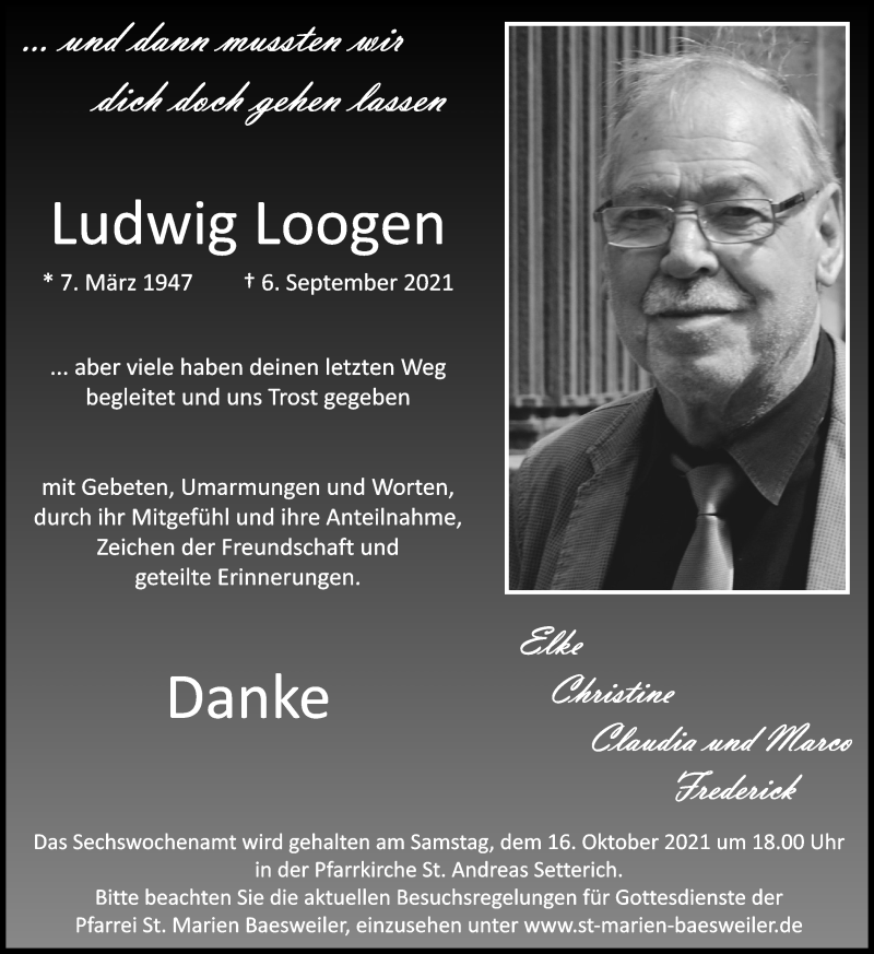  Traueranzeige für Ludwig Loogen vom 10.10.2021 aus Zeitung am Sonntag
