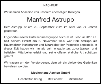 Traueranzeige von Manfred Astrupp von Zeitung am Sonntag