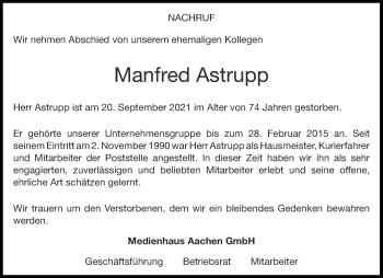 Traueranzeige von Manfred Astrupp von Aachener Zeitung / Aachener Nachrichten