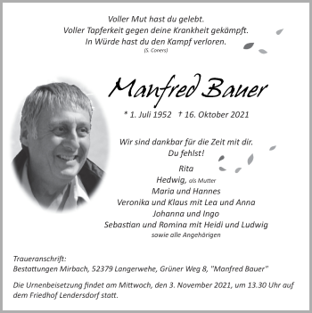 Traueranzeige von Manfred Bauer von Zeitung am Sonntag