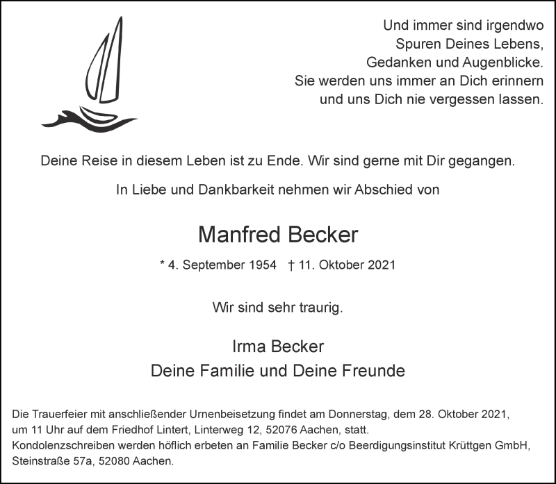  Traueranzeige für Manfred Becker vom 23.10.2021 aus Aachener Zeitung / Aachener Nachrichten