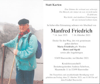 Traueranzeige von Manfred Friedrich von Zeitung am Sonntag