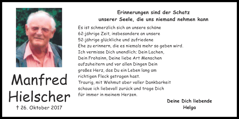  Traueranzeige für Manfred Hielscher vom 24.10.2021 aus Zeitung am Sonntag