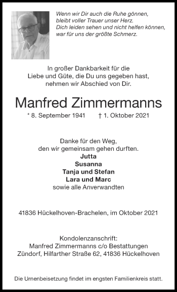 Traueranzeige von Manfred Zimmermanns von Zeitung am Sonntag
