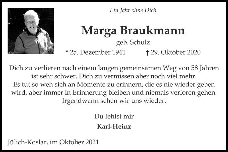  Traueranzeige für Marga Braukmann vom 24.10.2021 aus Zeitung am Sonntag