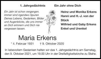 Traueranzeige von Maria Erkens von Zeitung am Sonntag