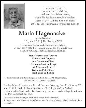 Traueranzeige von Maria Hagenacker von Zeitung am Sonntag