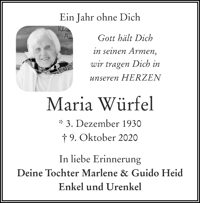  Traueranzeige für Maria Würfel vom 03.10.2021 aus Zeitung am Sonntag
