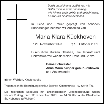 Traueranzeige von Maria Klara Kückhoven von Zeitung am Sonntag
