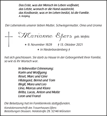 Traueranzeige von Marianne Eßers von Zeitung am Sonntag