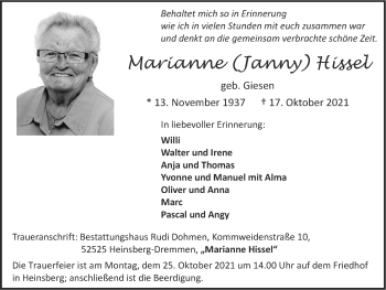 Traueranzeige von Marianne Hissel von Zeitung am Sonntag