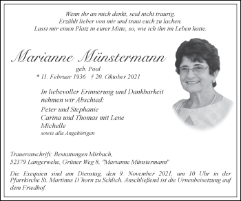 Traueranzeige von Marianne Münstermann von Zeitung am Sonntag