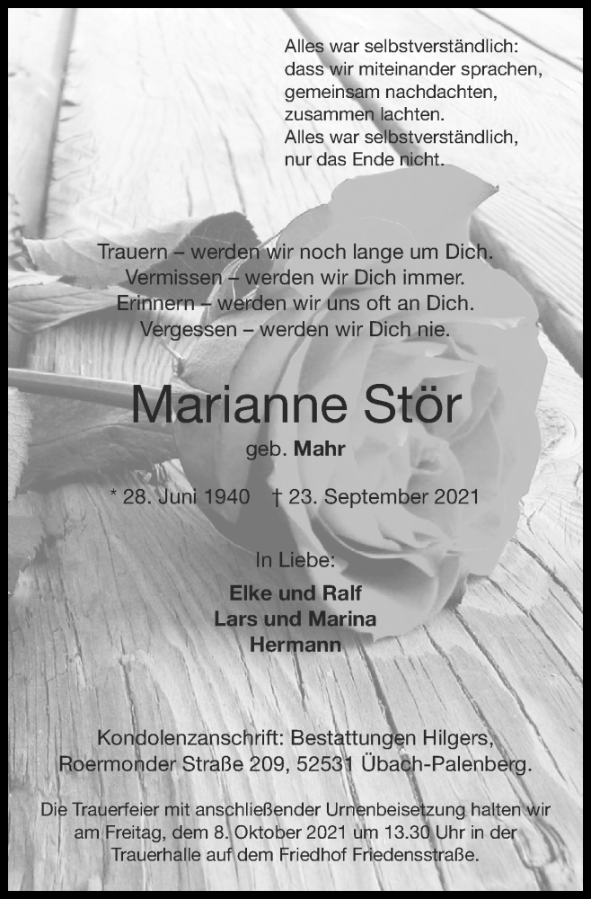  Traueranzeige für Marianne Stör vom 03.10.2021 aus Zeitung am Sonntag