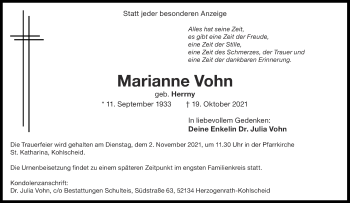 Traueranzeige von Marianne Vohn von Aachener Zeitung / Aachener Nachrichten