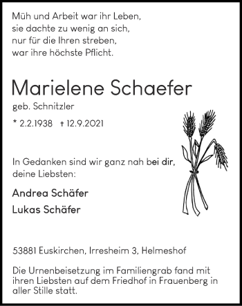 Traueranzeige von Marielene Schaefer von Zeitung am Sonntag