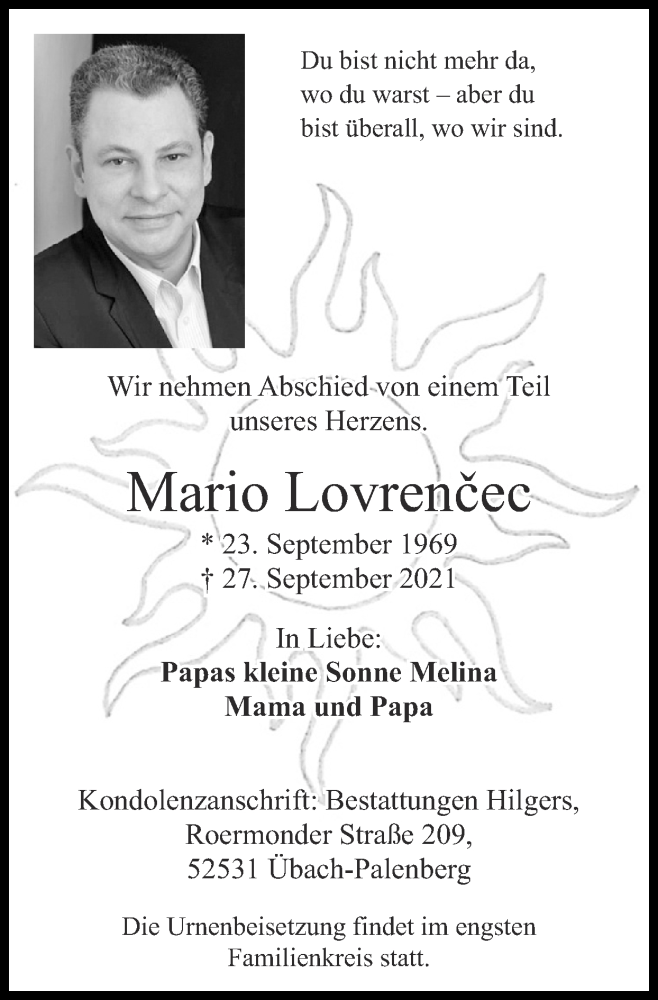  Traueranzeige für Mario Lovrencec vom 10.10.2021 aus Zeitung am Sonntag