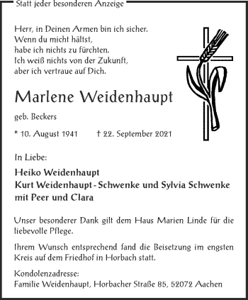 Traueranzeige von Marlene Weidenhaupt von Aachener Zeitung / Aachener Nachrichten
