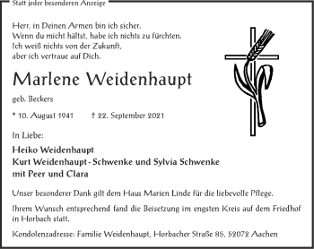 Traueranzeige von Marlene Weidenhaupt von Zeitung am Sonntag