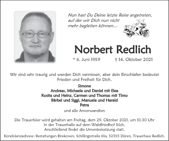 Traueranzeige von Norbert Redlich von Zeitung am Sonntag