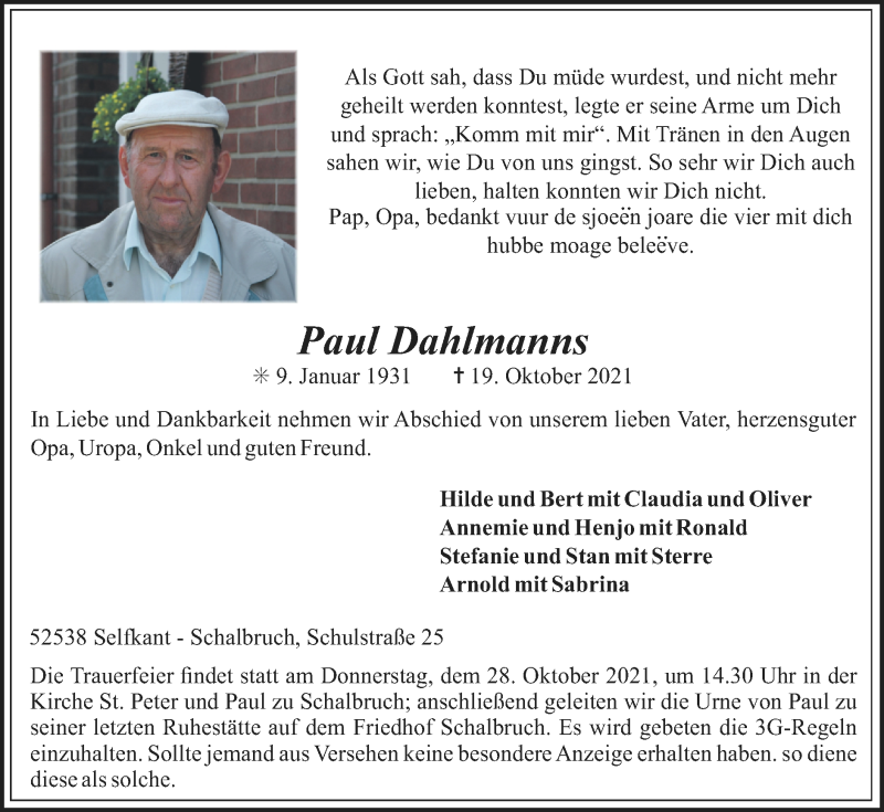  Traueranzeige für Paul Dahlmanns vom 24.10.2021 aus Zeitung am Sonntag