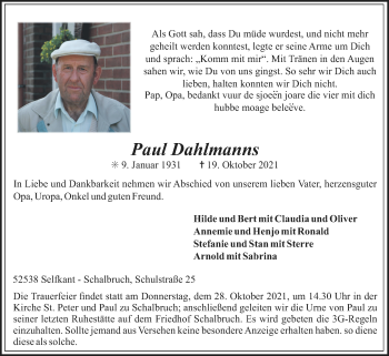 Traueranzeige von Paul Dahlmanns von Zeitung am Sonntag