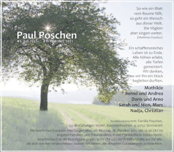 Traueranzeige von Paul Poschen von Aachener Zeitung / Aachener Nachrichten