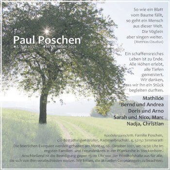 Traueranzeige von Paul Poschen von Zeitung am Sonntag
