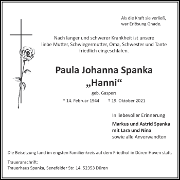 Traueranzeige von Paula Johanna Spanka von Zeitung am Sonntag