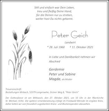 Traueranzeige von Peter Geich von Aachener Zeitung / Aachener Nachrichten