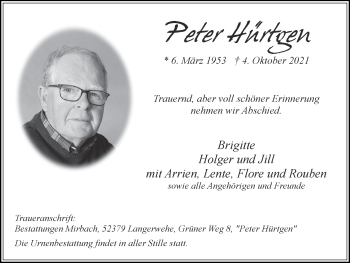 Traueranzeige von Peter Hürtgen von Zeitung am Sonntag