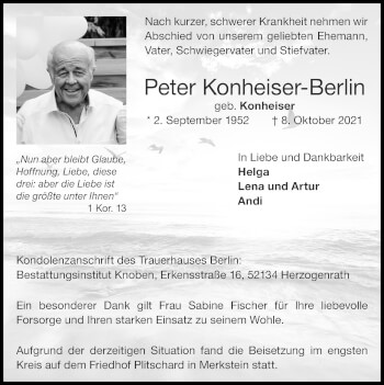 Traueranzeige von Peter Konheiser-Berlin von Zeitung am Sonntag
