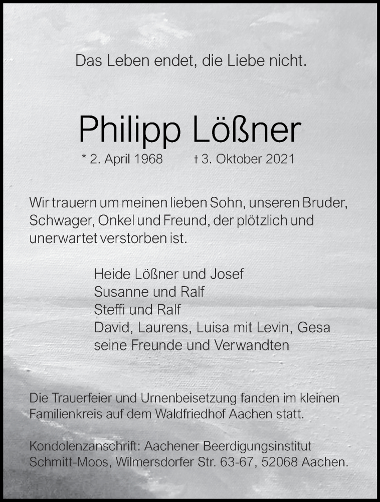  Traueranzeige für Philipp Lößner vom 23.10.2021 aus Aachener Zeitung / Aachener Nachrichten